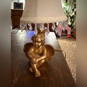 Resin Cherub Electric Golden Baby Angel Candelabra Lamp Shade MCM vintage works